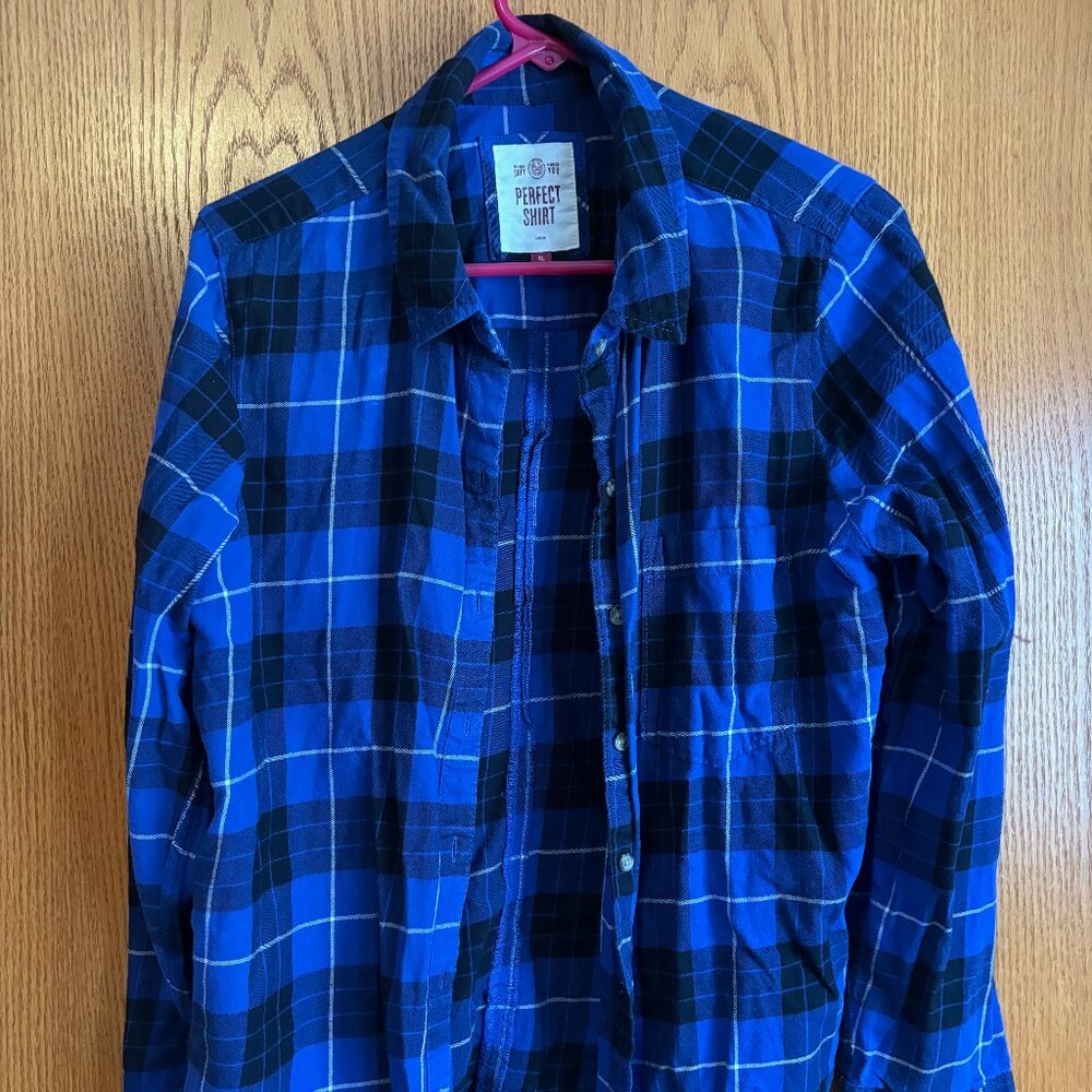 Blue and Black Plaid Flannel Long-Sleeve Shirt